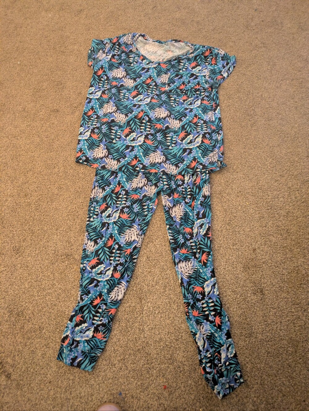 Tropical Leaf Print Pajama Set - Blue Green